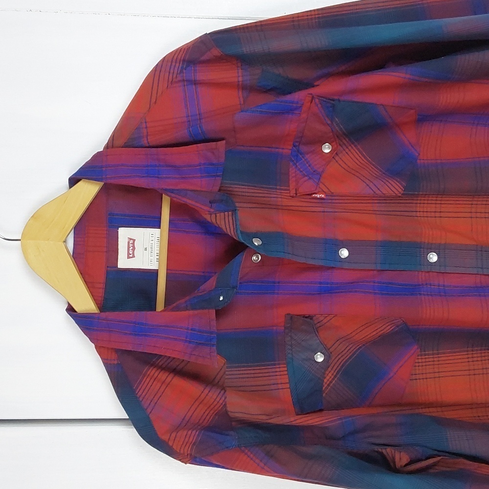 Levi's|Plaid Vibrant Red/ Blue Pearl Snap Pocket Buttondown Western Shirt Sz.XXL